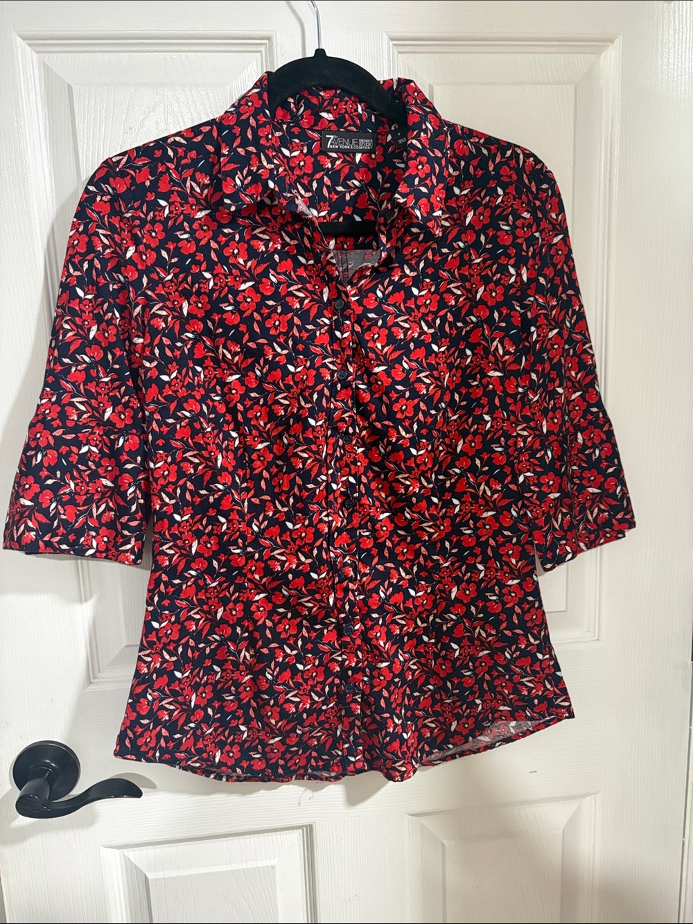 New York & Company Black Button-Front Top with Red Floral Print